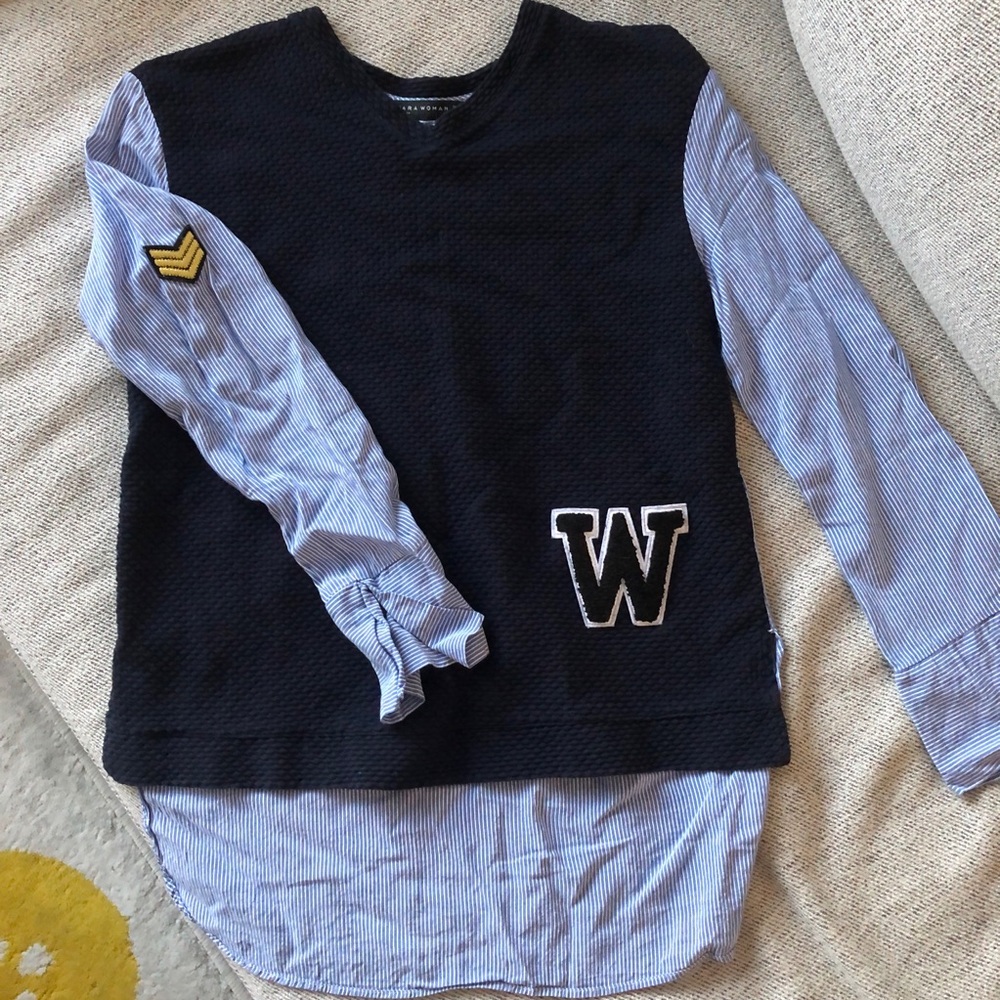 Zara navy/stripe short front long back blouse